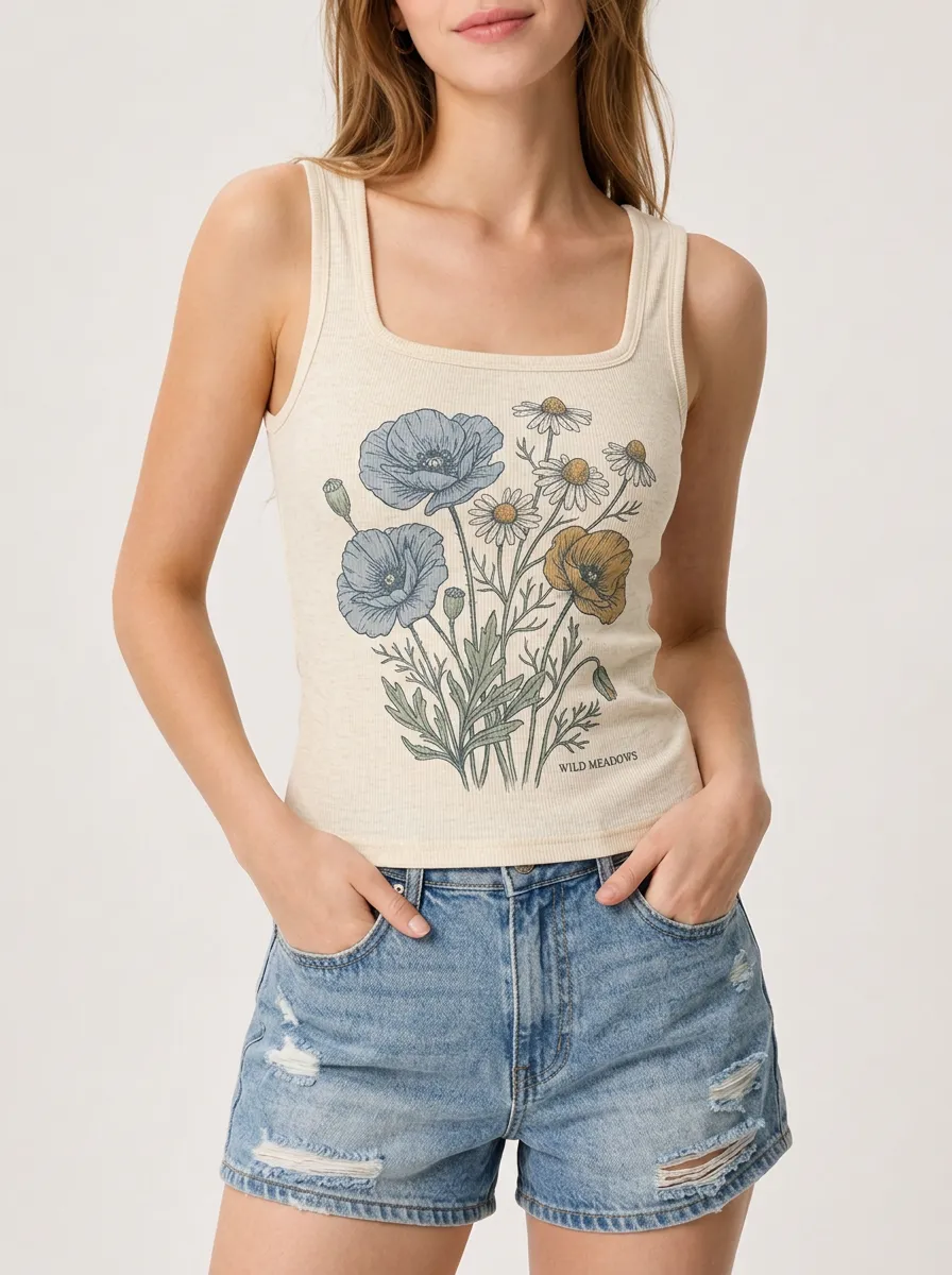Women's Wild Meadows Poppy Daisy Floral Printed Tank Top