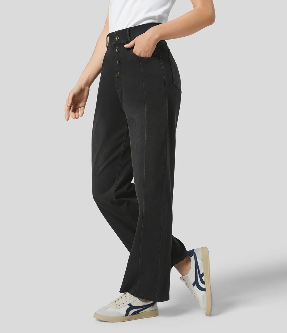 Magic High Waisted Decorative Button Multiple Pockets Straight Leg Stretchy Knit Casual Boyfriend Jeans