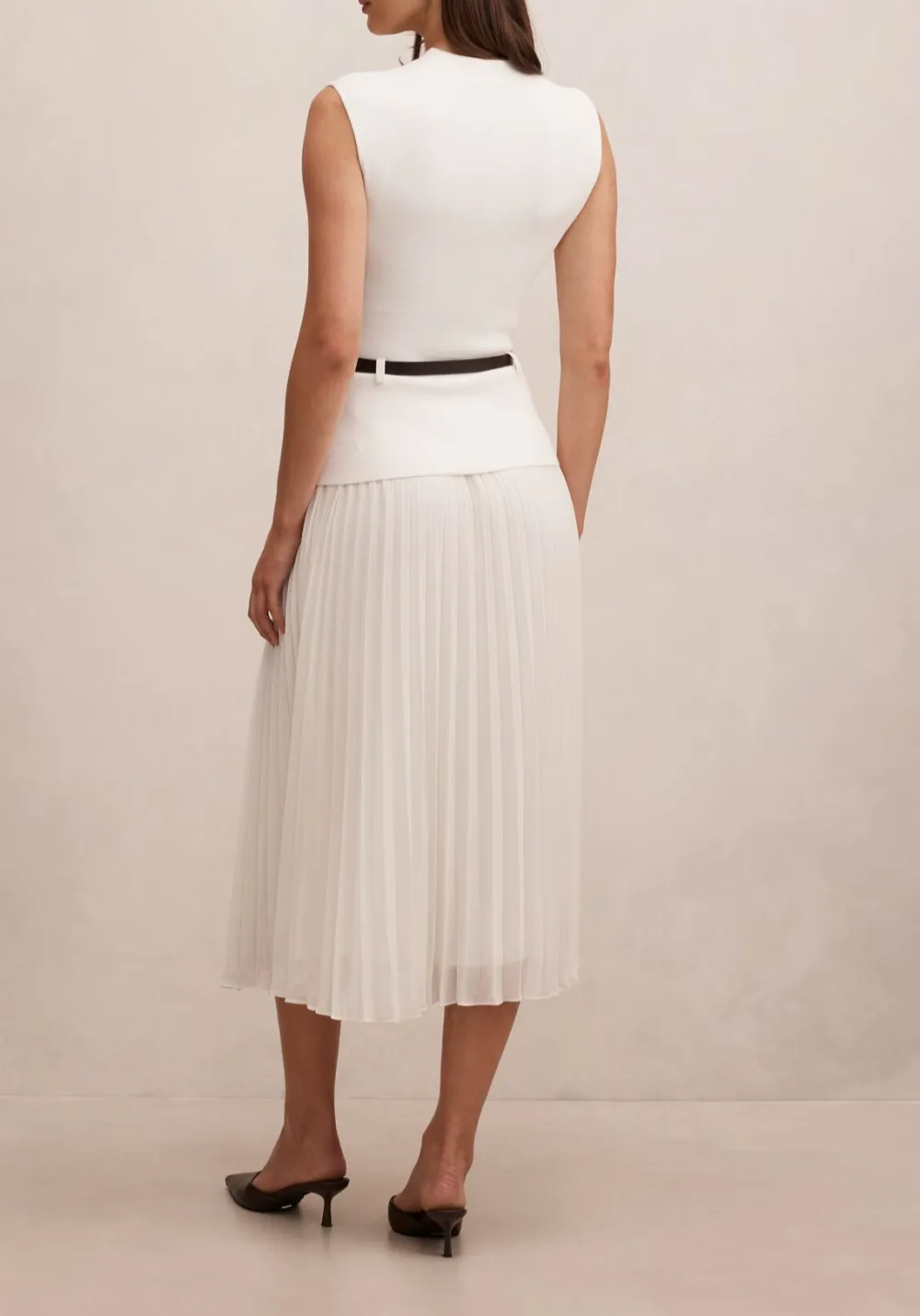 White Woven Sleeveless Top with Pleated Midi Skirt Dress