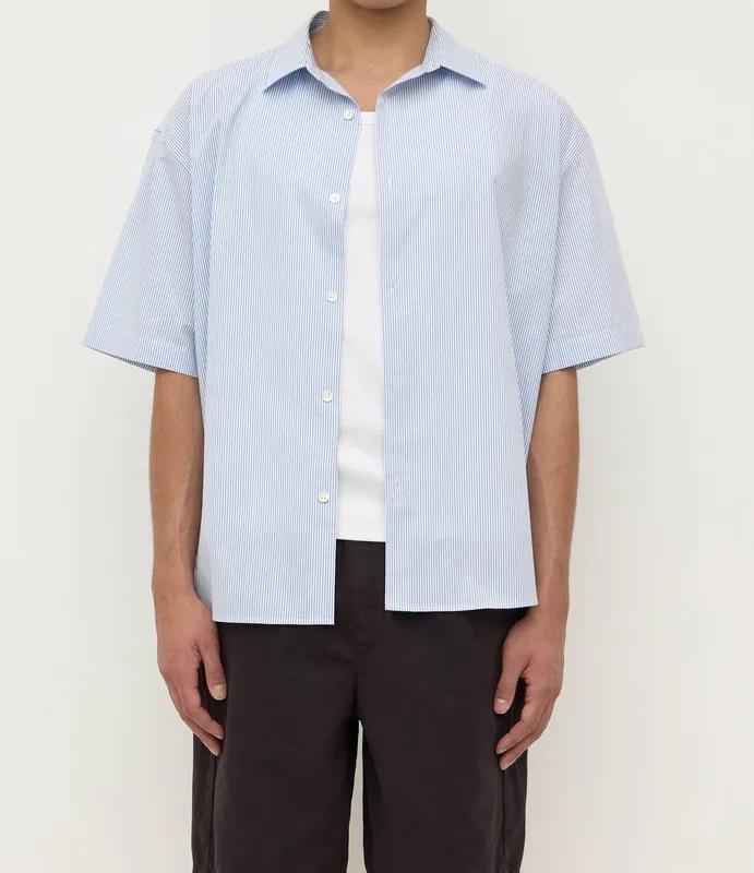 Blue & White Striped Poplin Short Sleeve Shirt