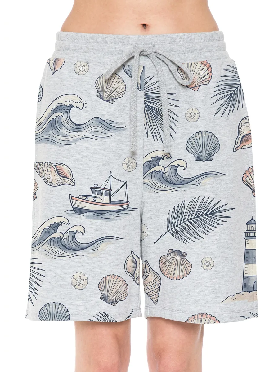 Women's Nautical Beach Theme Seashell Boat Lighthouse Printed Shorts