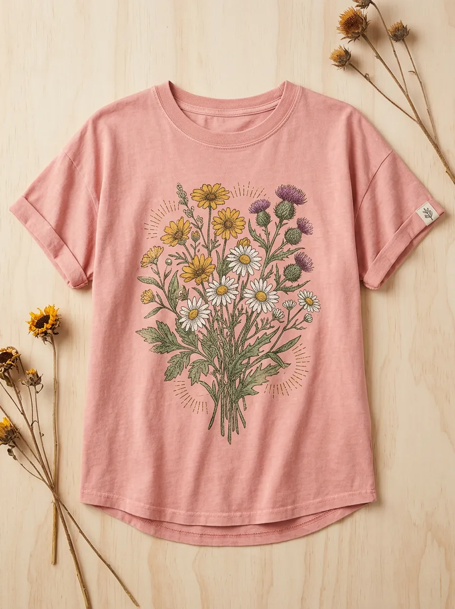Women's Botanical Nature Lover Daisy Thistle Printed T-shirt