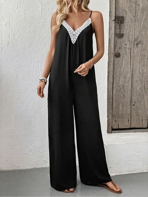 Sleeveless Casual Lace Stitching Suspenders Wide Jumpsuit