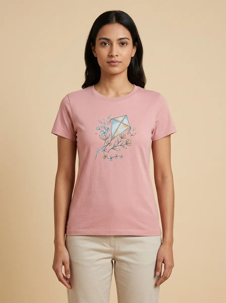 Women's Crewneck Graphic Floral-Motif Rib-Trim T-Shirt
