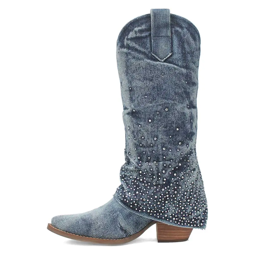 Denim Rhinestone Chunky-Heel Platform Western Boots