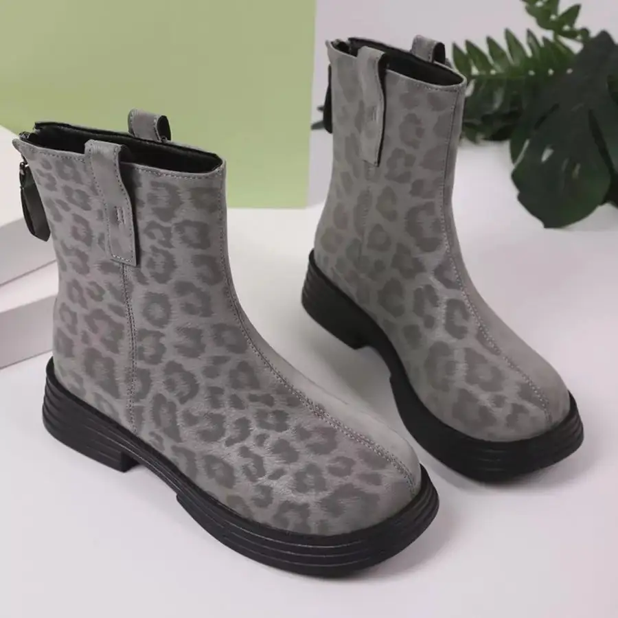 Leopard Round Toe Block Heels Boots