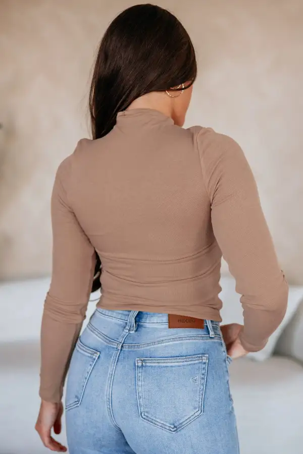 Solid Ribbed Viscose Blend Long Sleeve Top