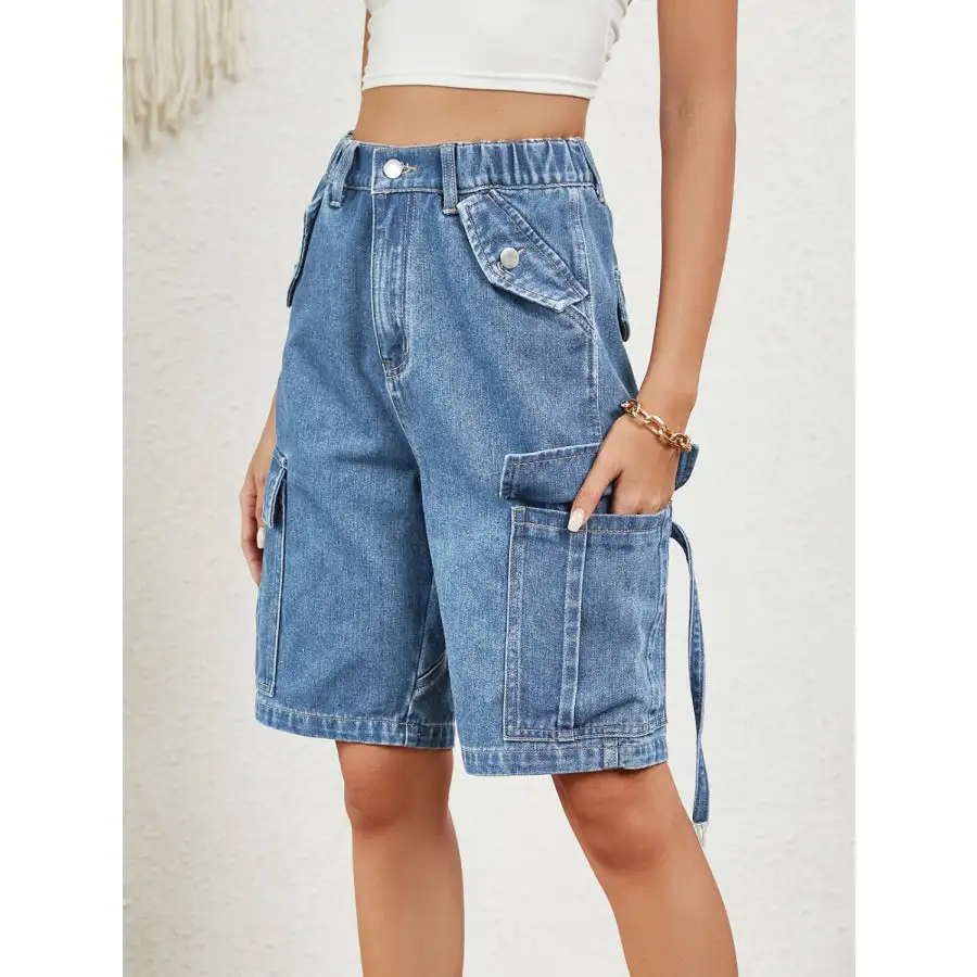 Buttoned Elastic Waist Denim Shorts with Pockets