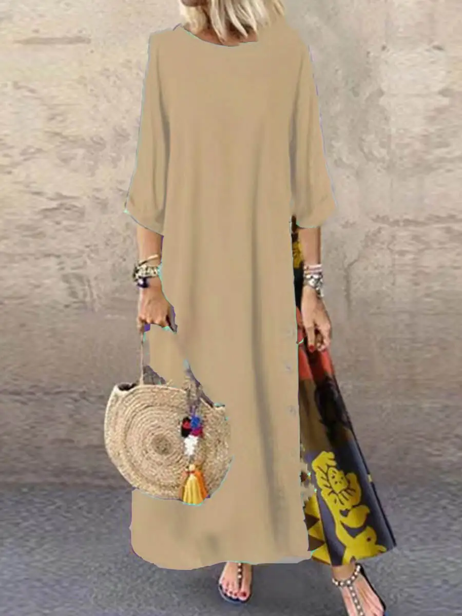Printed Buttoned Neck Midi Dress