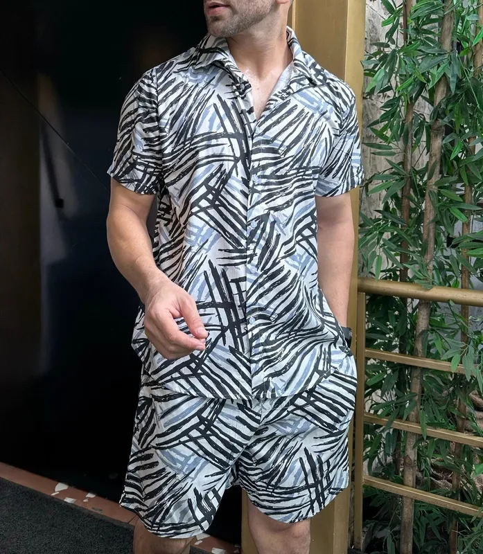 White Printed Rayon Shirt & Shorts Matching Set