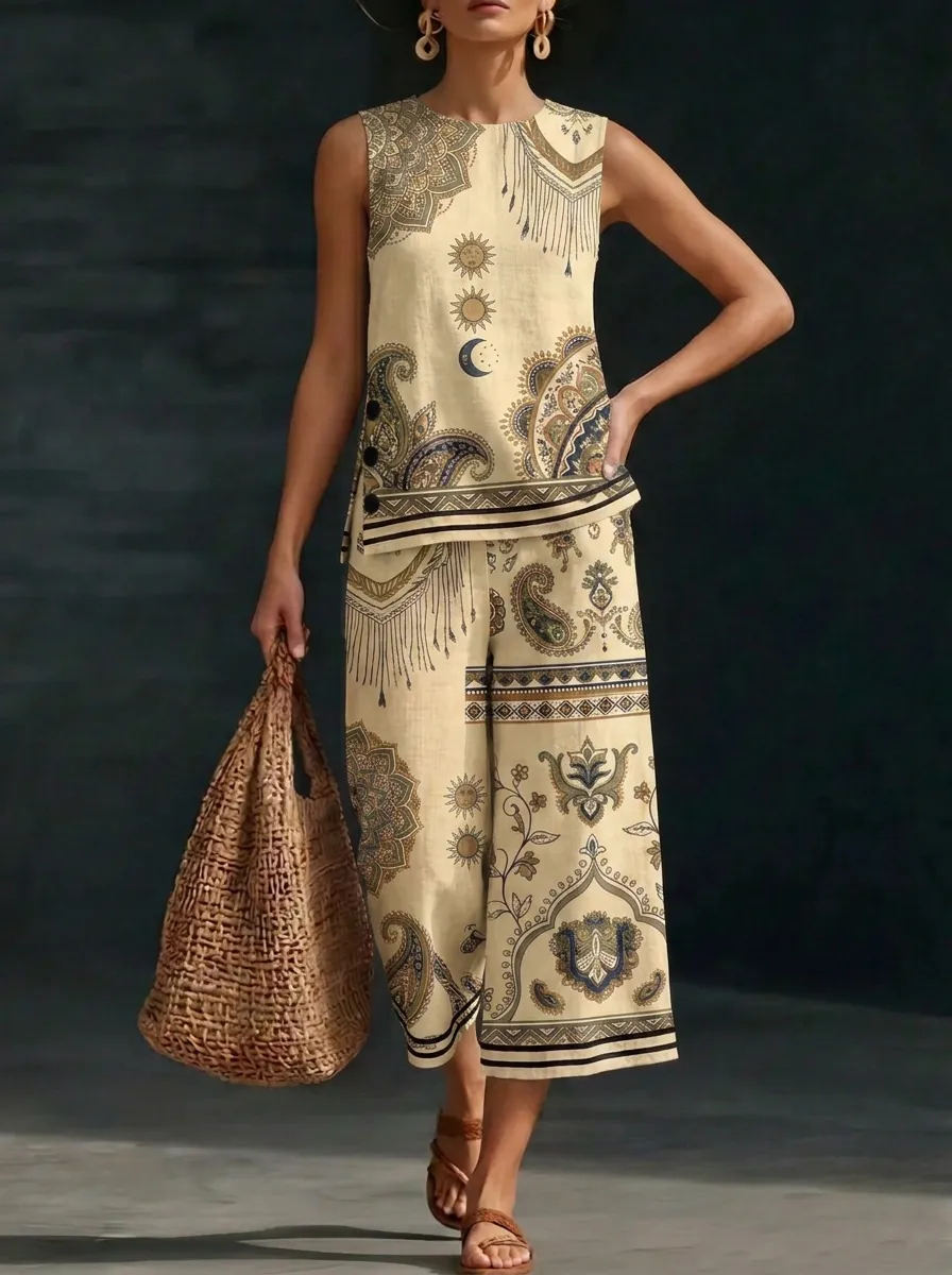 Women's Boho Sun Moon Paisley Printed Sleeveless Set