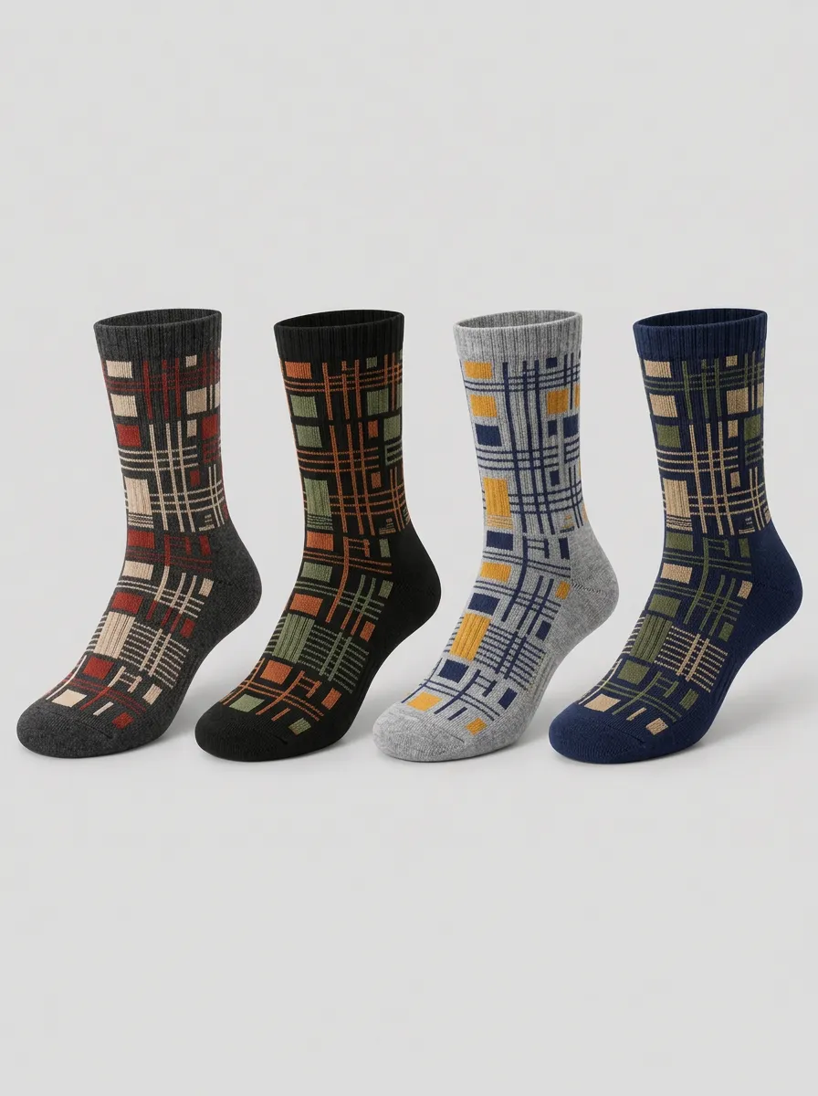 Men's Geometric Plaid Pattern Printed Socks 4-Pack