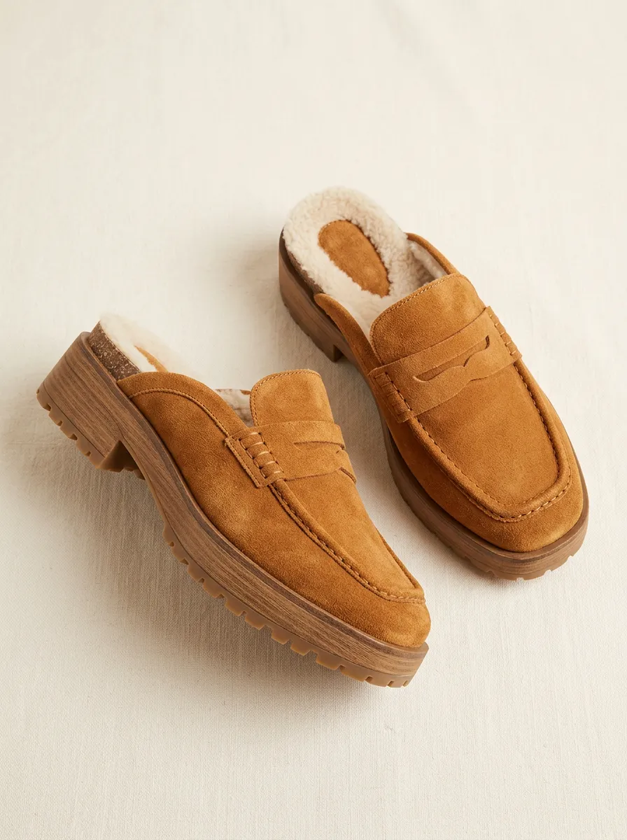 Women's Faux Fur Lined Clog Style Winter Suede Wood Sole Loafers