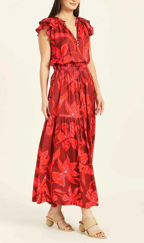 Red Floral Print Tiered Maxi Skirt