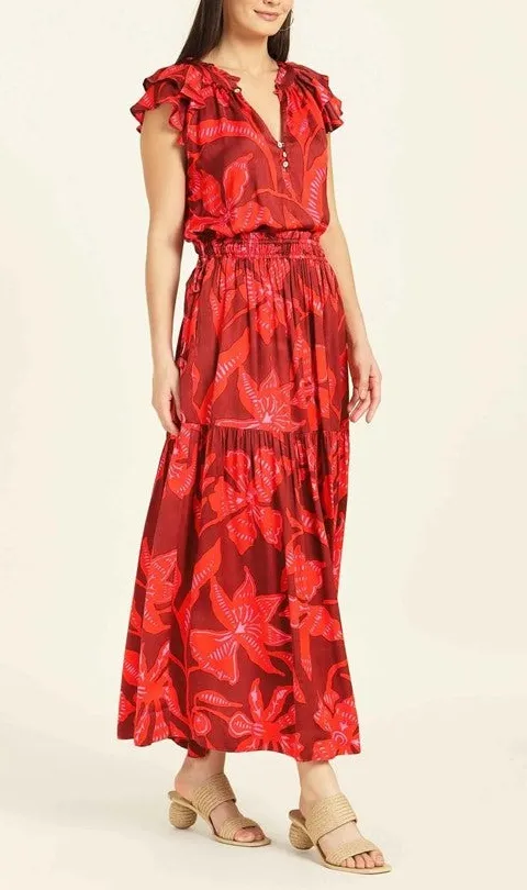 Red Floral Print Tiered Maxi Skirt