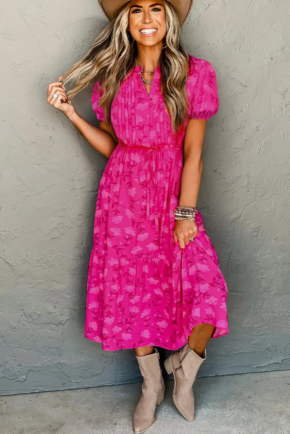 Floral Print Pleated Drawstring Waist Flowy Midi Dress