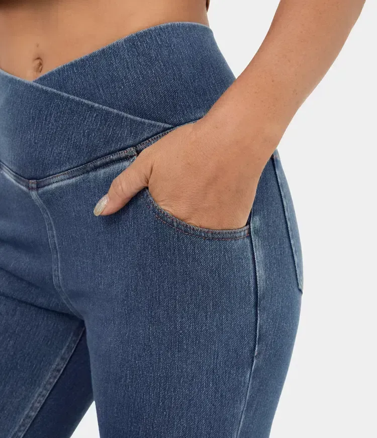 High Waisted Crossover Pocket Washed Stretchy Knit Denim Casual Super Flare Pants