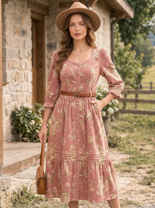 Women's Brown Vintage Boho Paisley Corduroy High-Waist 3/4 Sleeve Midi Dress