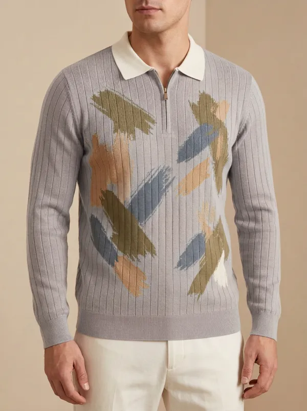 Men's Abstract Brushstroke Pattern Printed Long Sleeve Polo Shirt Graphic Pattern