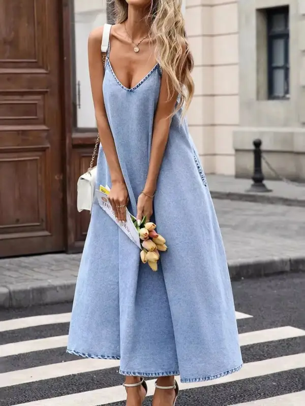 Denim V Neck Dress Casual