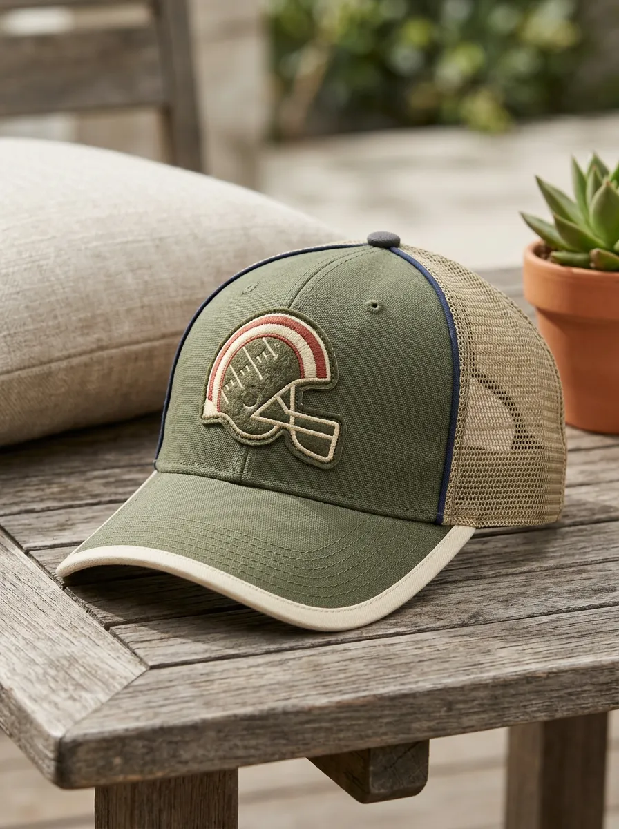 Men's Classic Football Fan Olive Helmet Embroidered Mesh Trucker Hat