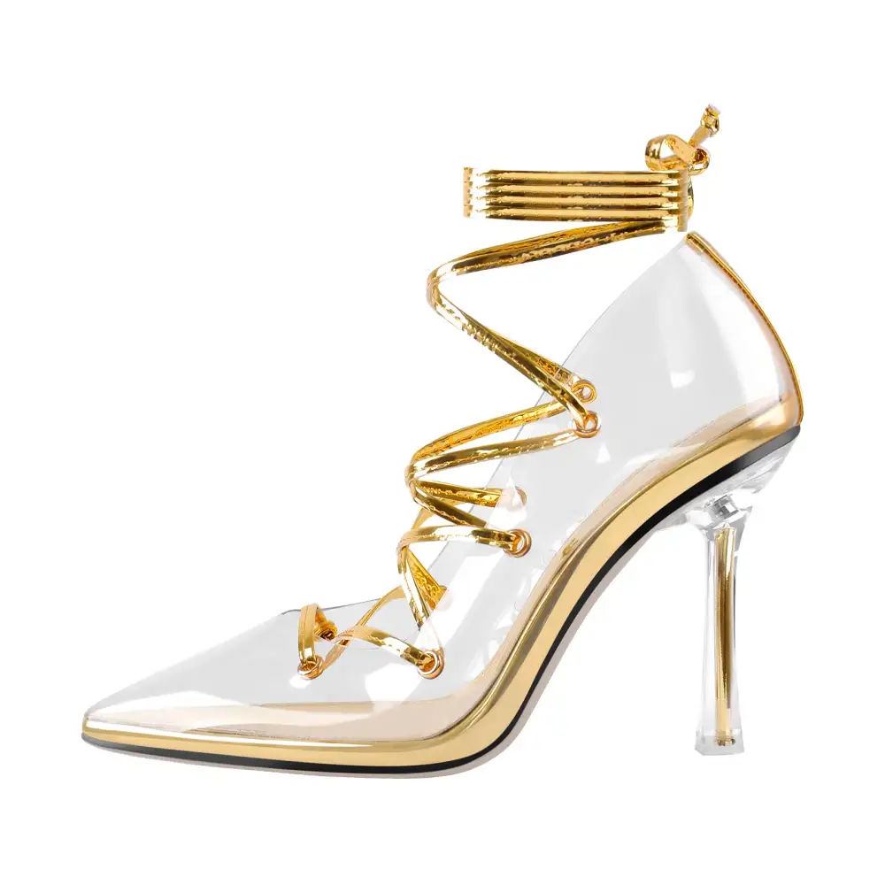 Lace Detail Pointed Toe Transparent Heel Lace Up Pumps