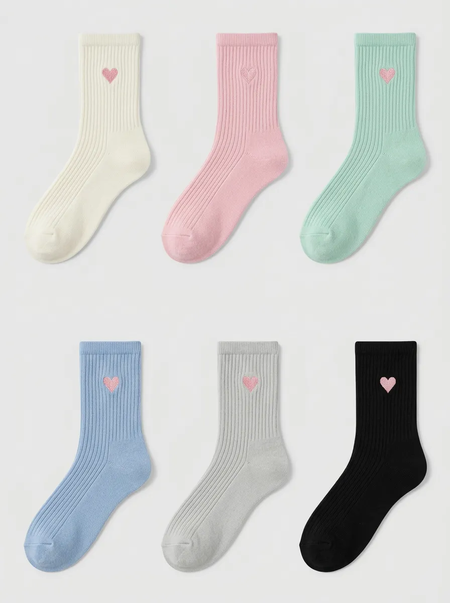 Women's Heart Embroidered Ribbed 6-Pack Socks