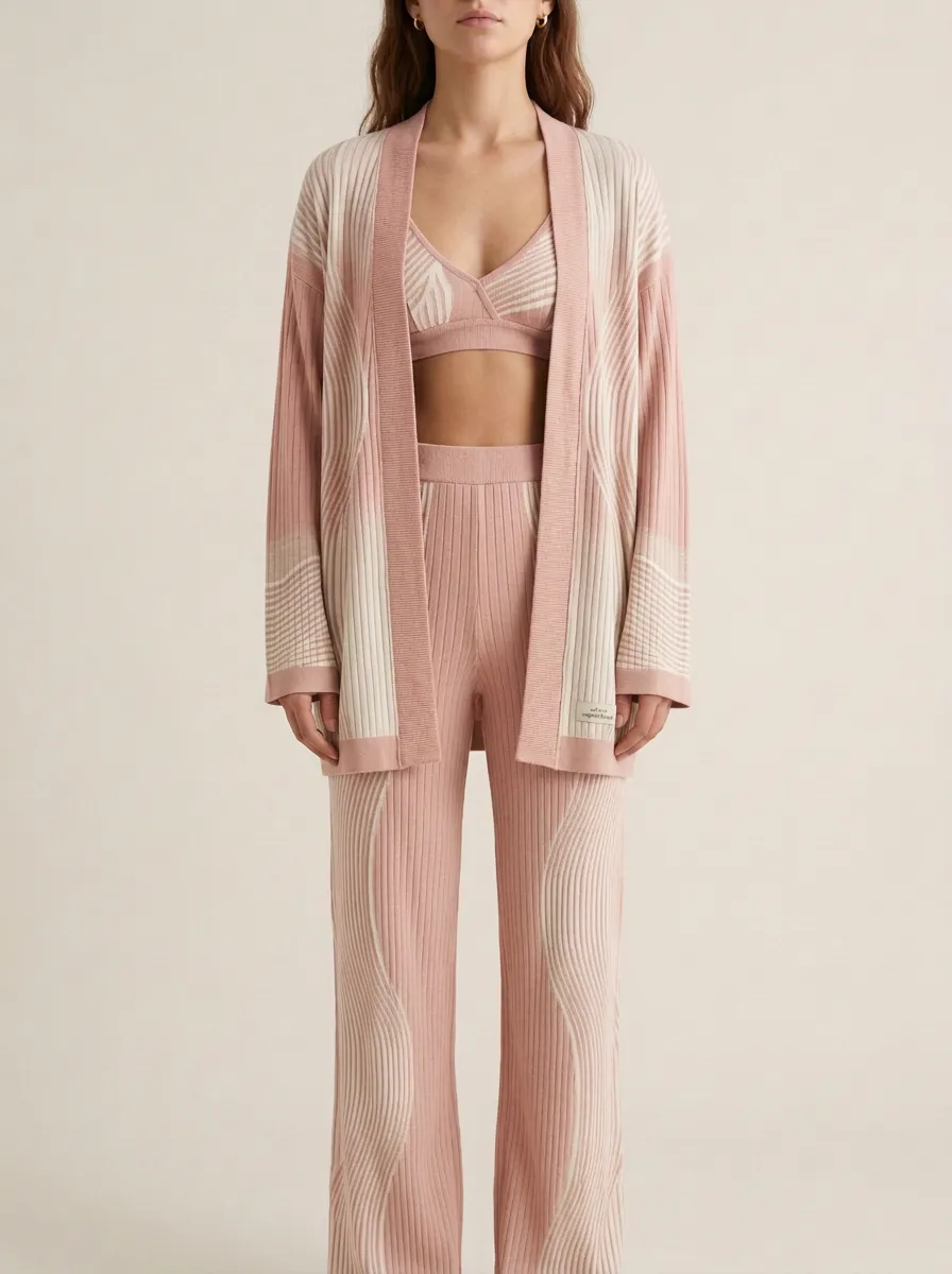 Wave Stitched Cardigan Lounge Set