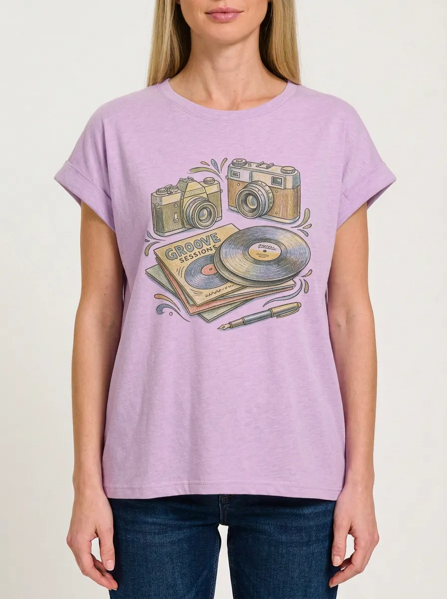 Women's Photography Music Camera Vinyl Record Graphic T-Shirt