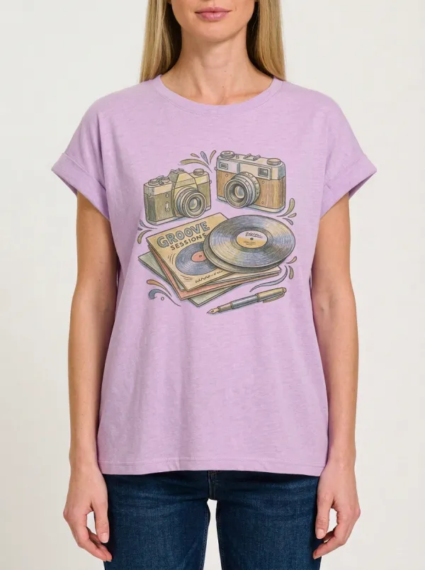 Women's Photography Music Camera Vinyl Record Graphic T-Shirt