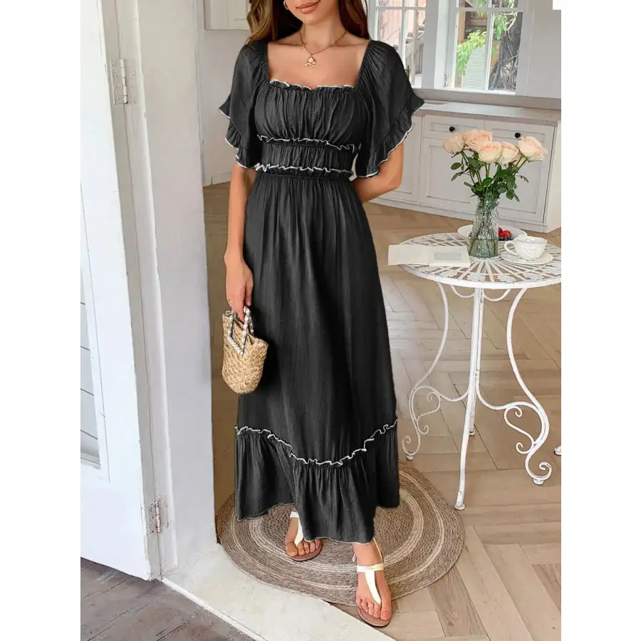Square Neck Puff Sleeve Ruffle Trim Maxi Dress