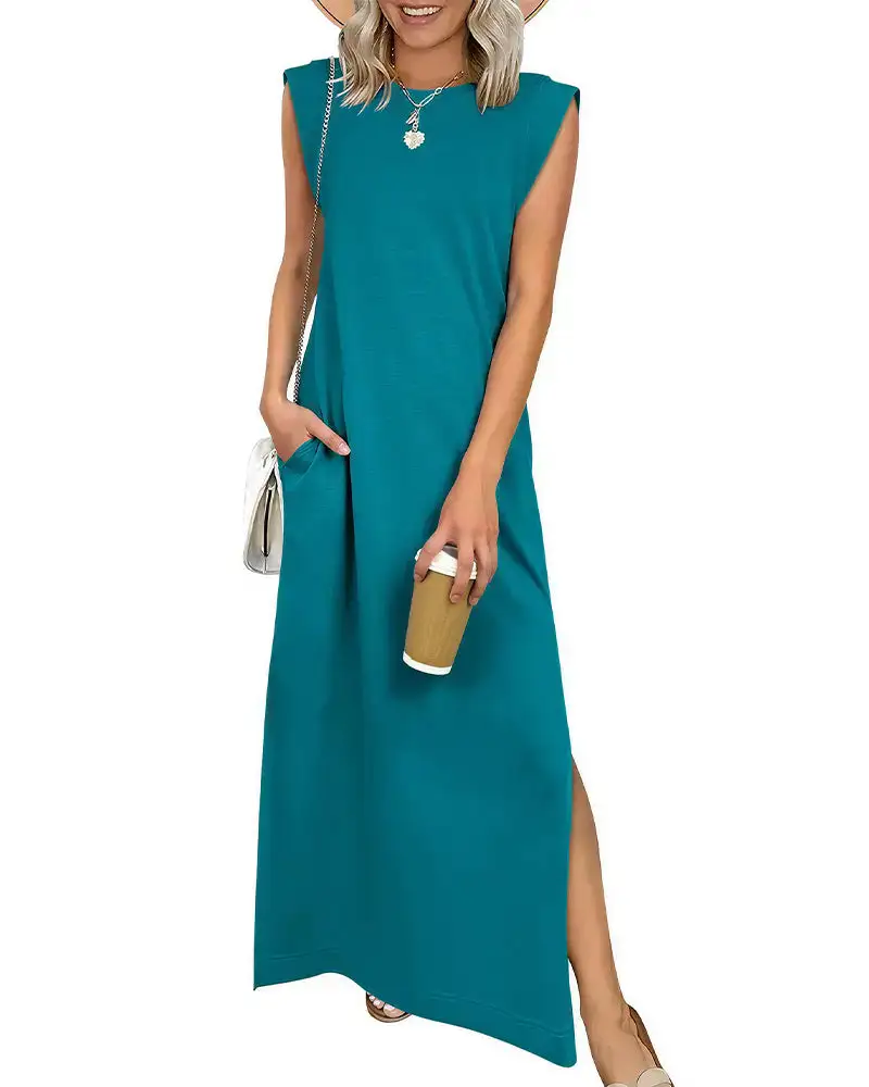 Casual Sleeveless Split Maxi Dress With Pockets