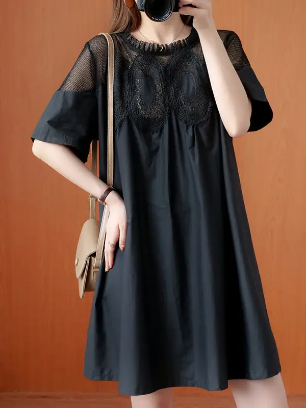 Original Solid Lace Split Side Short Sleeve A Line Mini Dress