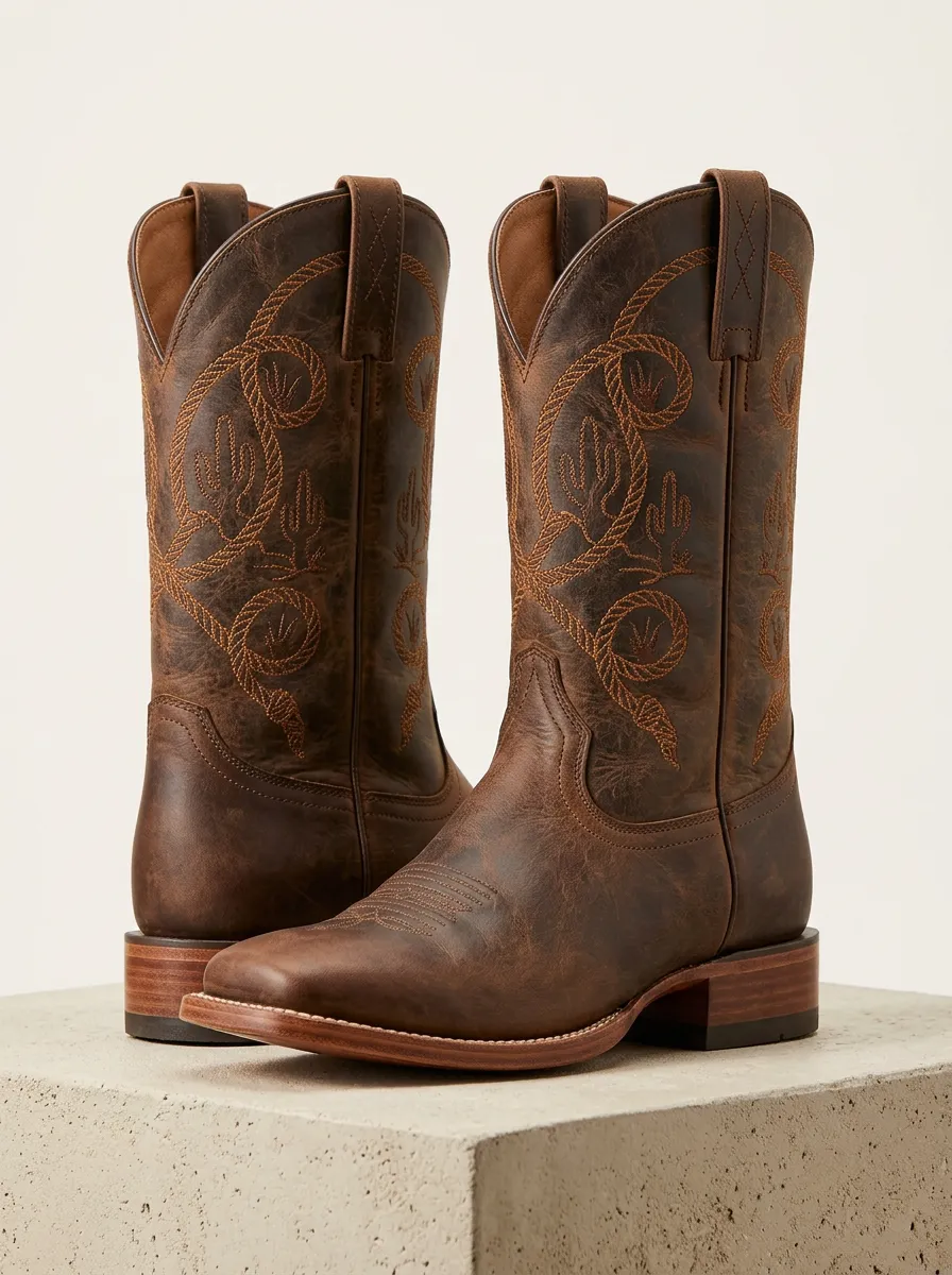 Unisex Ranchwear Cactus Embroidered Design Western Cowboy Boots