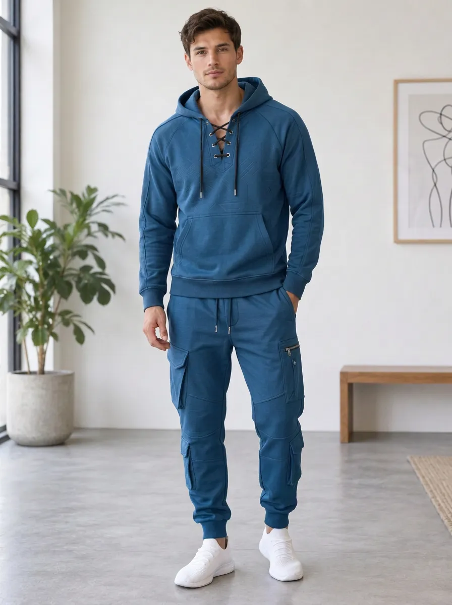 Trail-Inspired Lace-Up Multi Pocket Relaxed Look Men's Lace Up Hoodie And Cargo Jogger Set