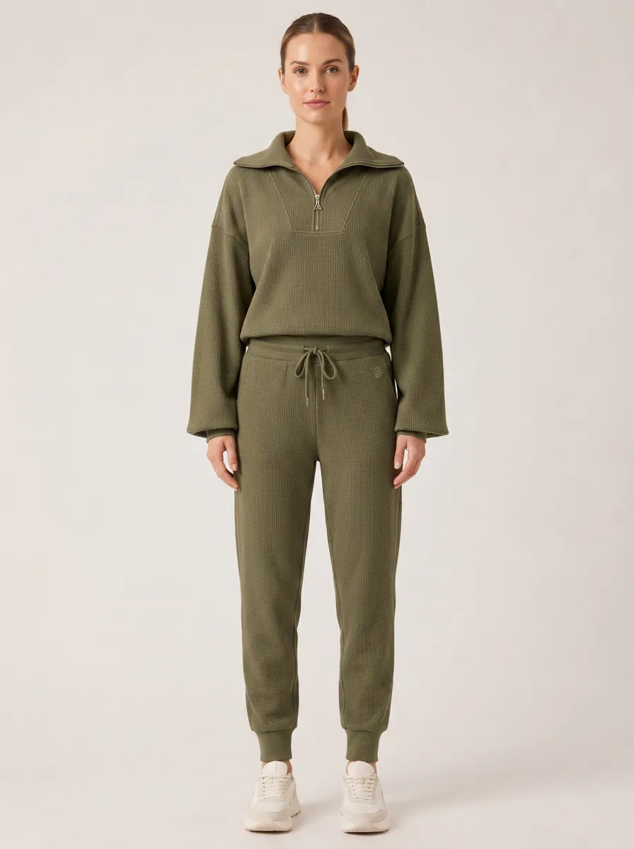 Women's Olive Waffle Knit Quarter-Zip Lounge Set - Quarter-Zip