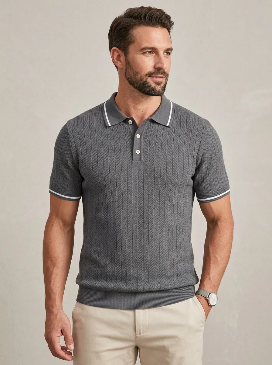 Men's Casual Herringbone Textured Knit Polo Shirt