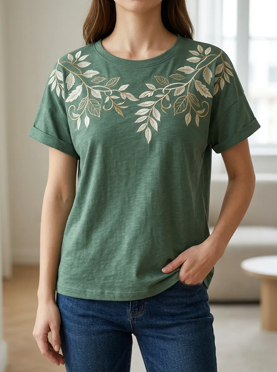 Comfort Focused Embroidered Detail Ribbed Texture Women's Short Sleeve Tee