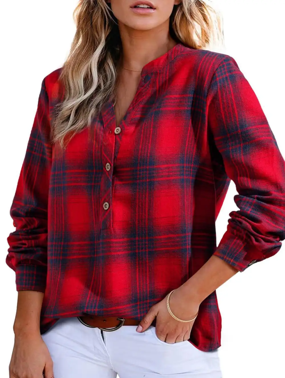 V Neck Plaid Button Shirt