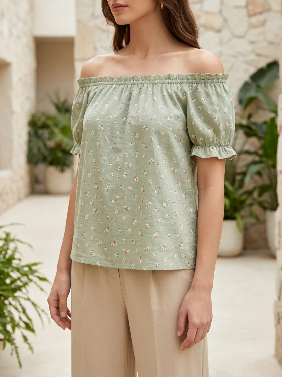 Women's Floral Lover Sage Green Printed Off-Shoulder Top