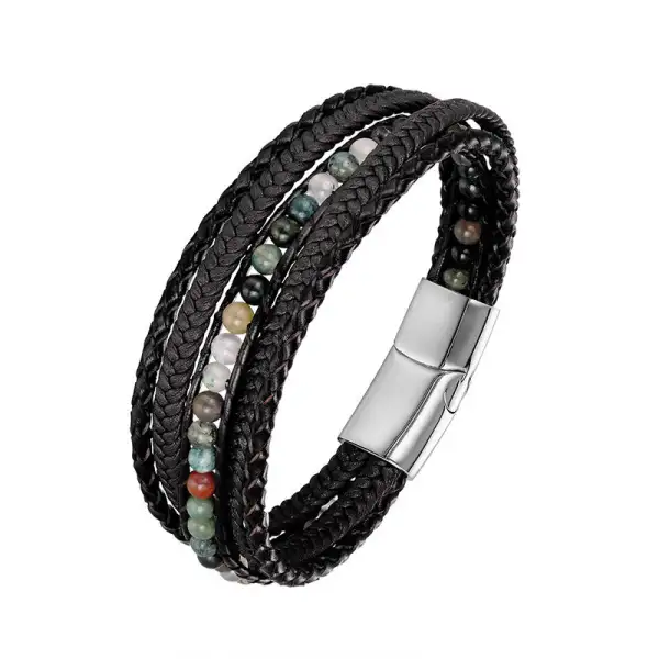 Hematite Agate Tiger Eye Amazonite Beaded Leather Bracelet
