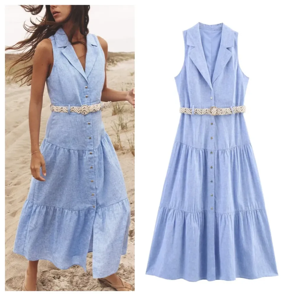 V-Neck Sleeveless Belted Midi Dress