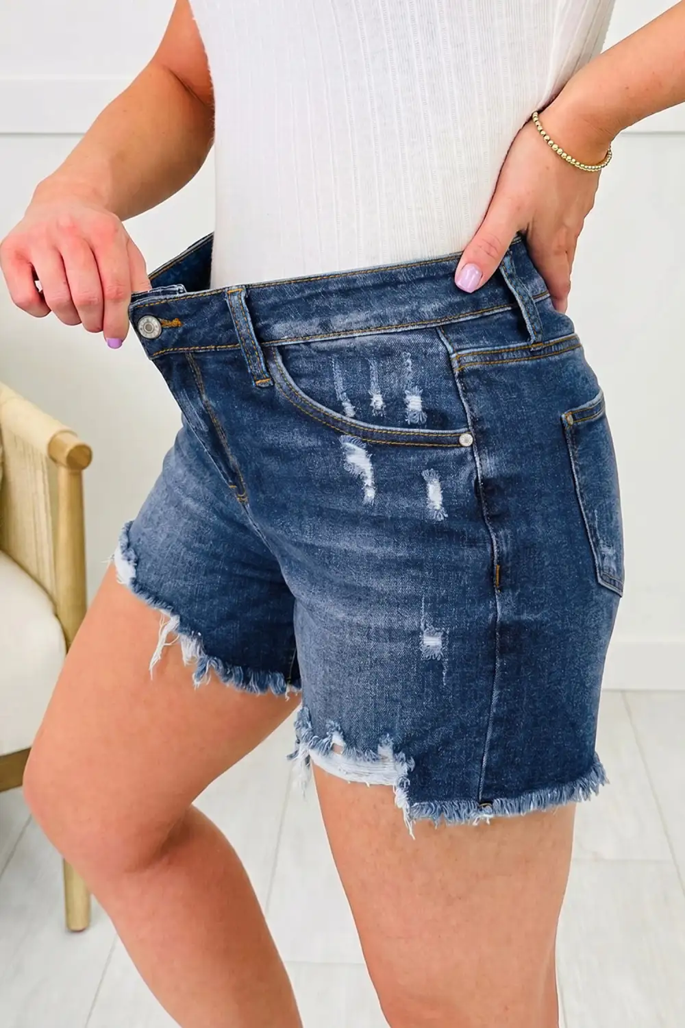 Everyday Asymmetric Raw Hem Distressed Whiskery Denim Shorts