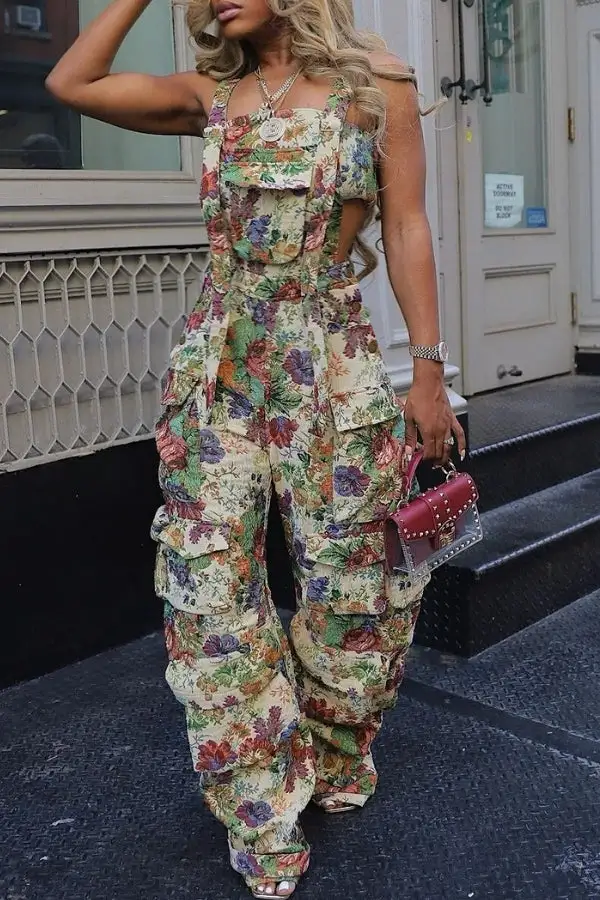 Floral Print Suspenders Pocket Jumpsuit