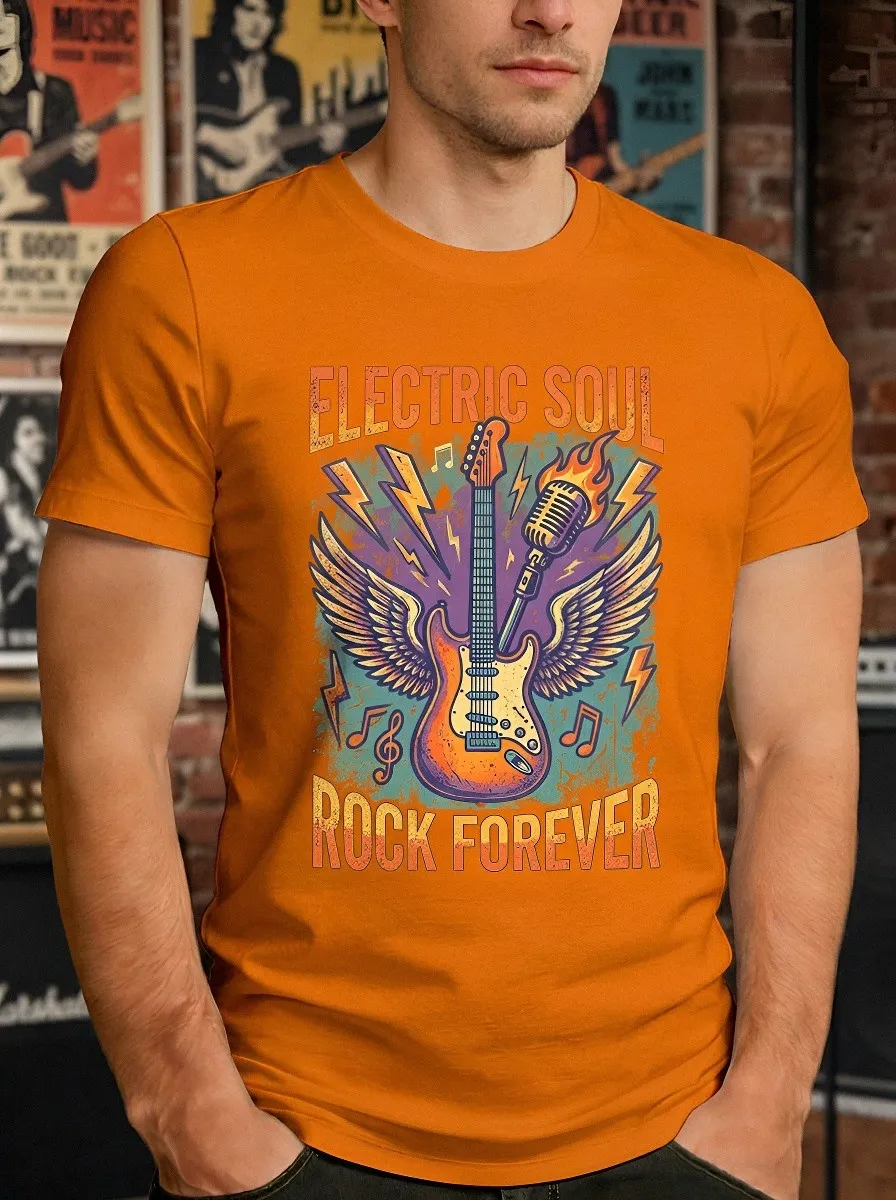 Men's Rock Music Lover Winged Guitar Microphone Printed T-shirt