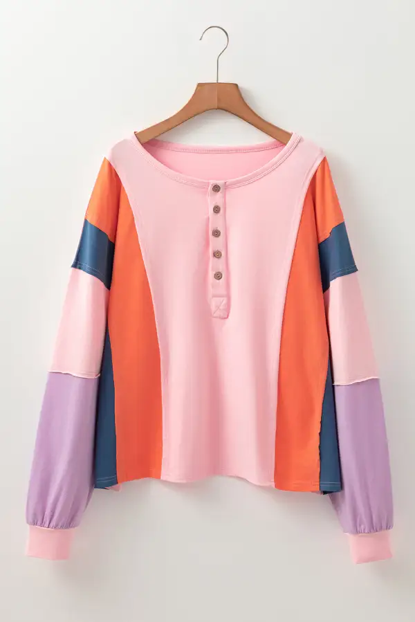 Women's Colorblock Henley Neck Long Sleeve Top