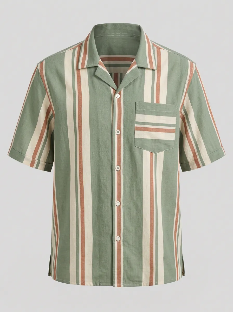 Men's Sage Green Striped Camp Collar Short Sleeve Shirt - Design A