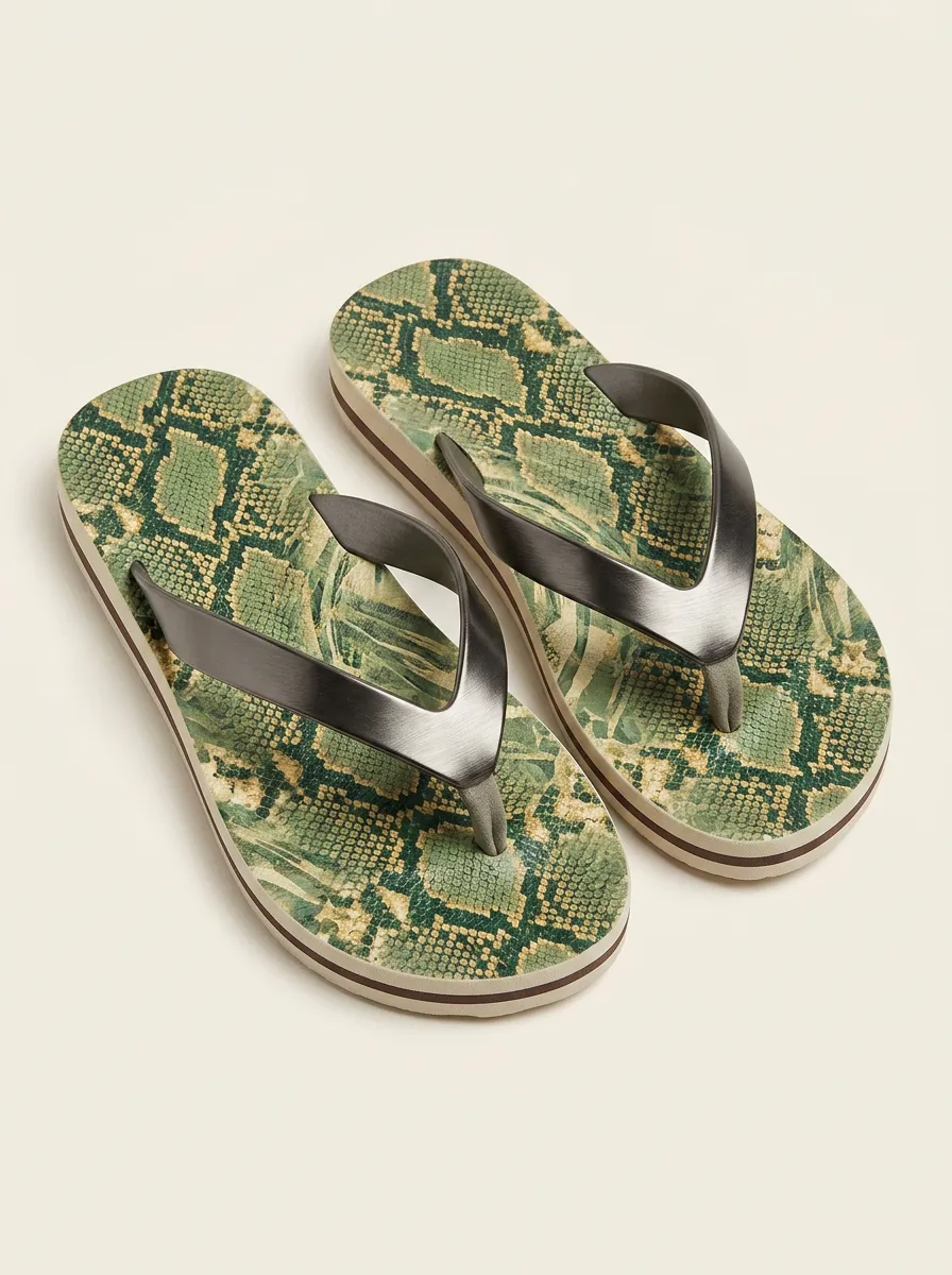 Unisex Green Snake Skin Pattern Printed Flip Flops