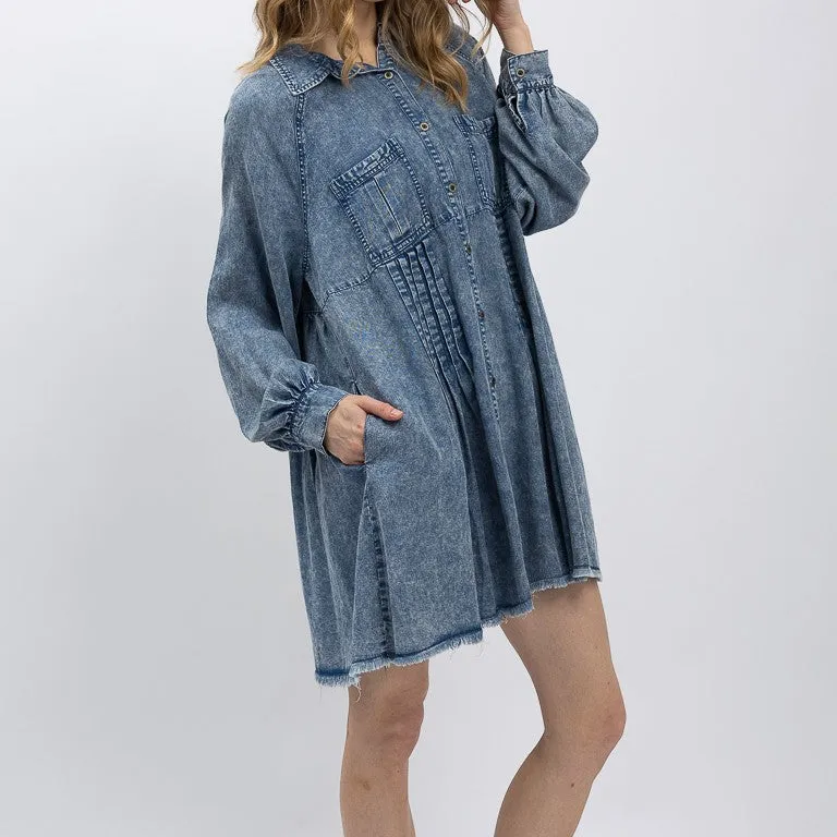 Denim Velvet Detail Balloon Sleeve Babydoll Dress