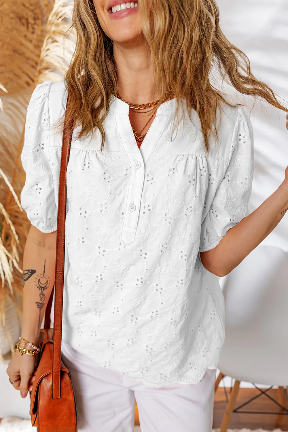 White Lace Crochet V Neck Blouse